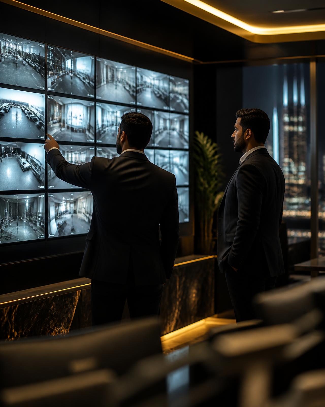 Security engineers reviewing a surveillance system in a UAE control room