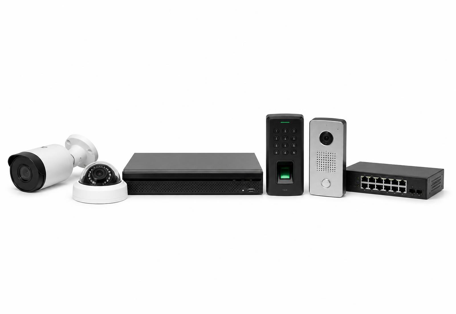 CCTV camera, recorder, access control reader and network switch on a pure white background