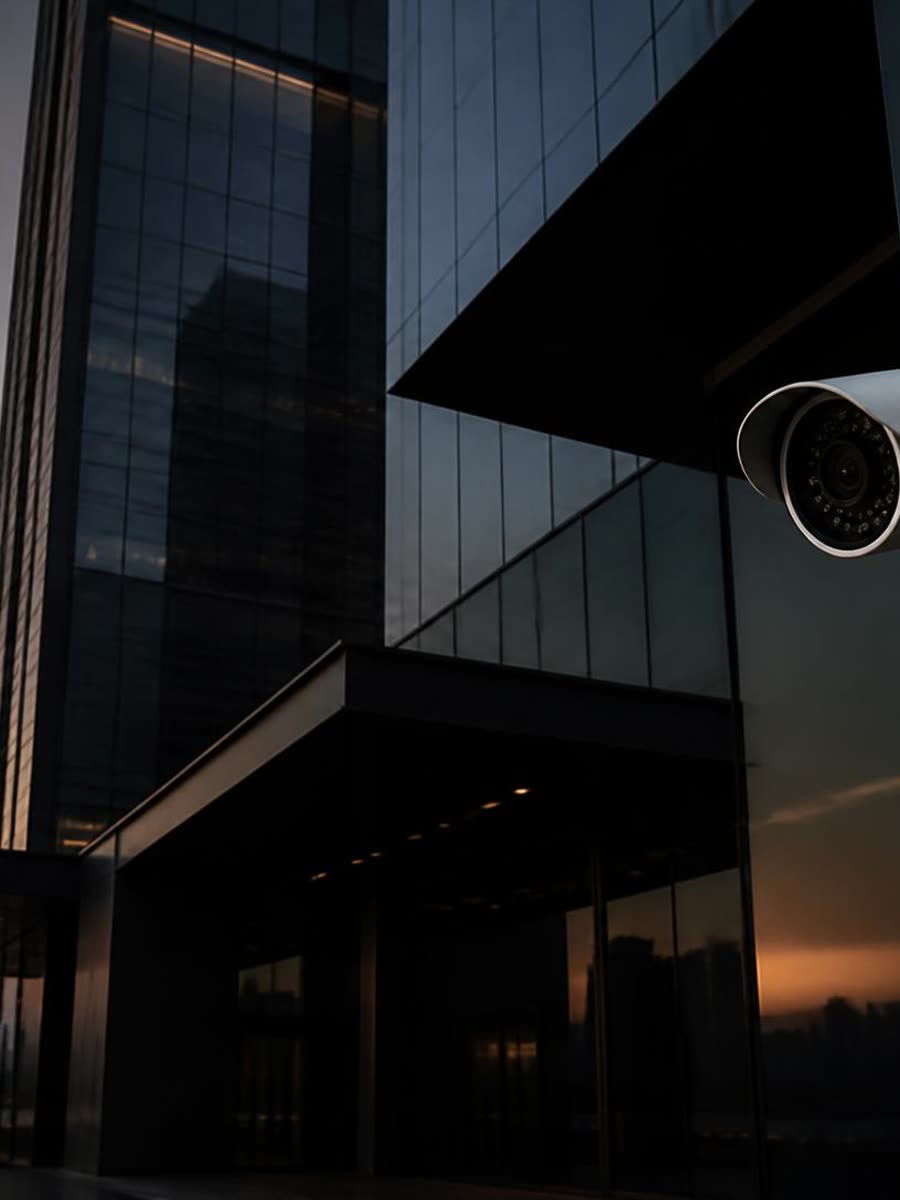 Professional surveillance camera overlooking a modern UAE commercial tower at dusk