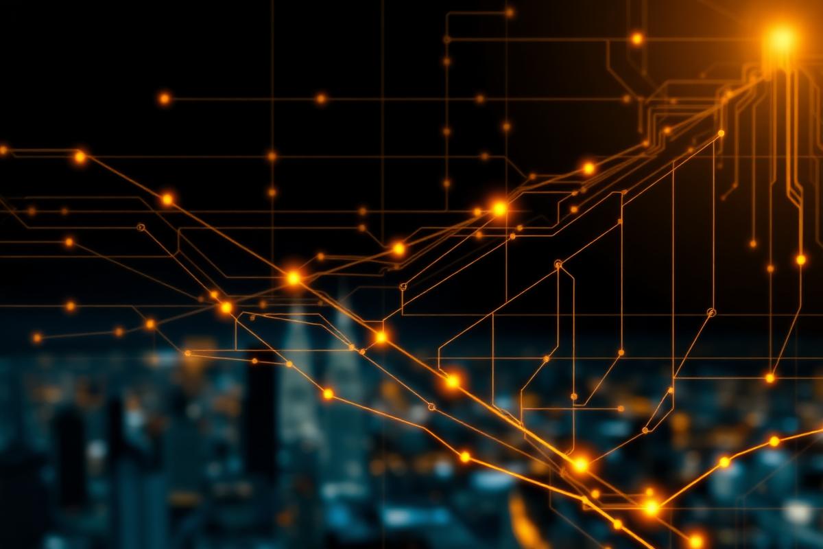 Abstract technology grid over a city skyline