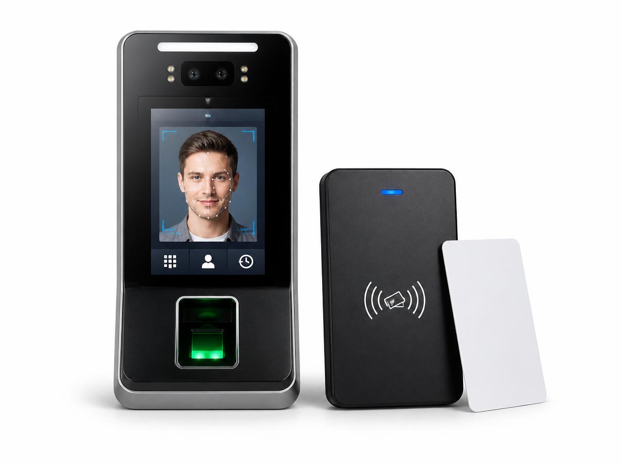 Biometric access control terminal and RFID card reader on a white background