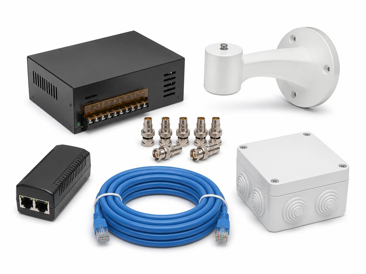 Security installation accessories including power supply, brackets and connectors on a white background