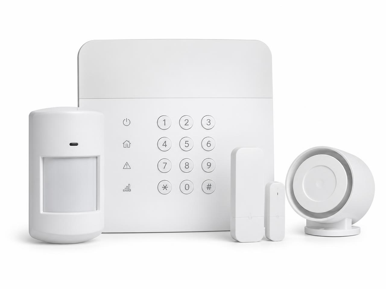 Intruder alarm control panel, motion detector and siren on a white background
