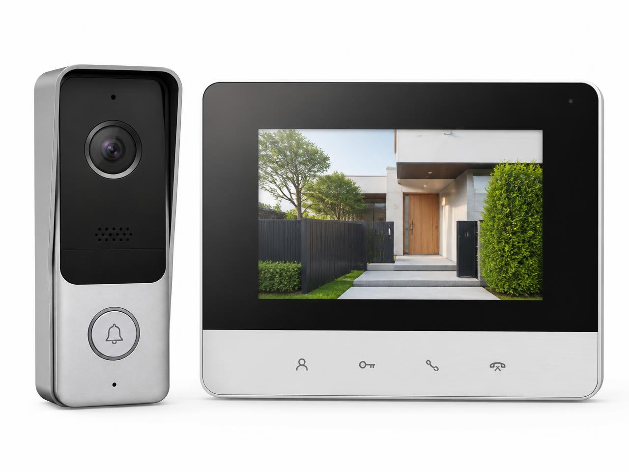Video intercom door station and indoor monitor on a white background