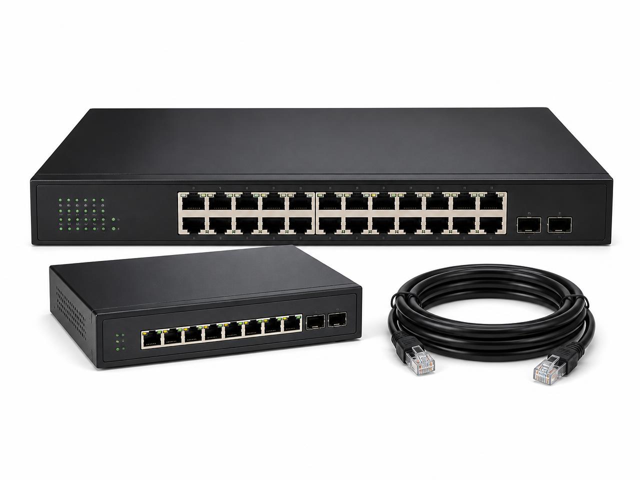 PoE network switches and structured cabling hardware on a white background