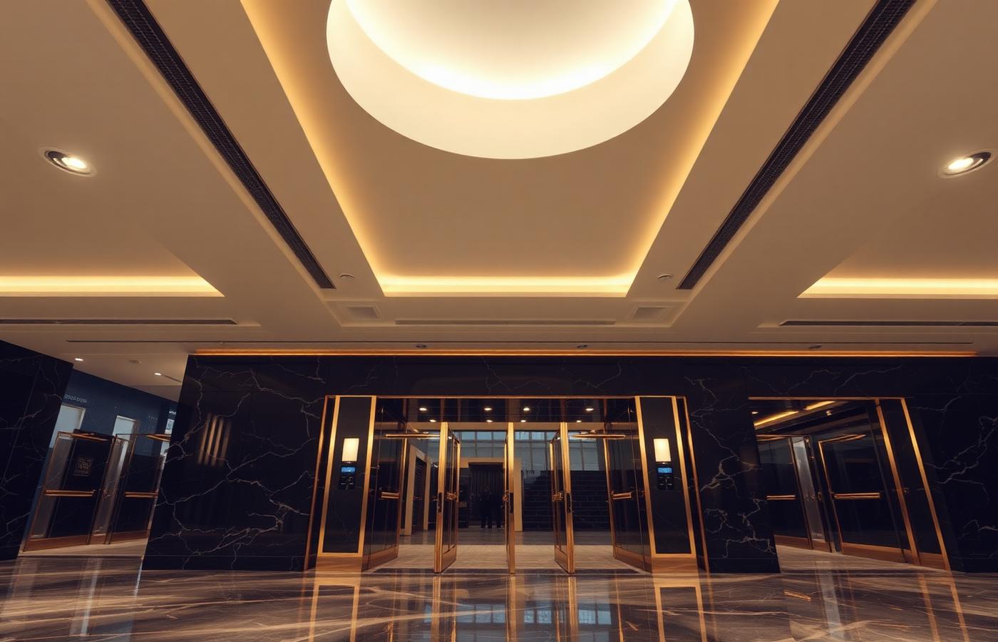 Corporate office lobby with security cameras and access gates