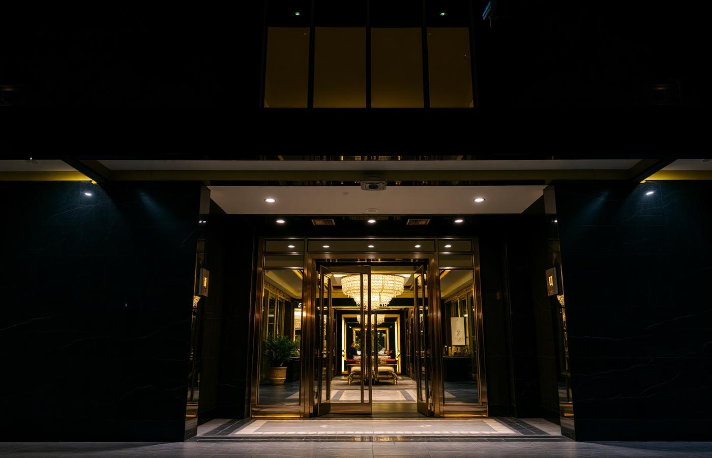 Hotel entrance at night with discreet security camera