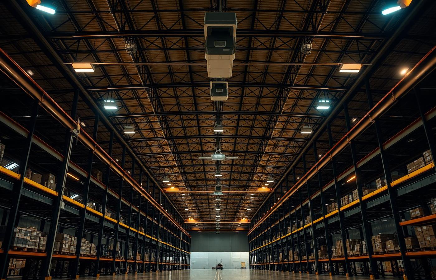 Warehouse interior with ceiling mounted surveillance cameras